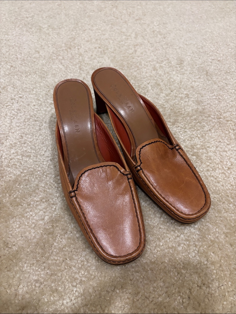 Cole Haan Leather Slip-On Mule Heels in Cognac size 6